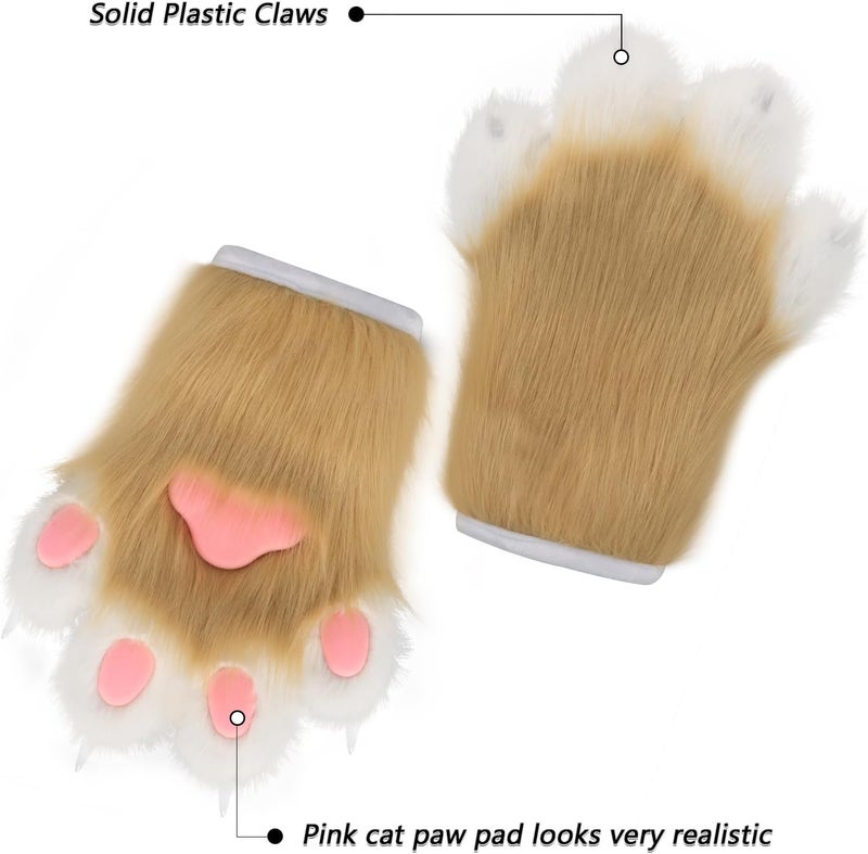 hbbhml Faux Fur Plush Furry Cat Claw Gloves Fursuit Animal Fox Paws Mittens Halloween Cosplay Costume Accessories for Adult - Image 4